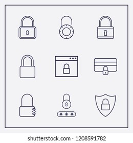 Outline 9 padlock icon set. shield lock, credit card lock, browser with lock and lock vector illustration