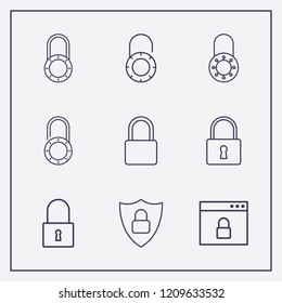 Outline 9 padlock icon set. browser with lock, shield lock and lock vector illustration