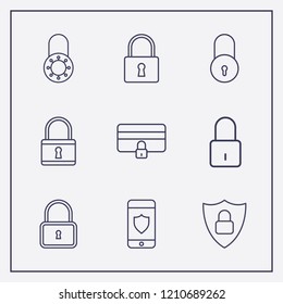 Outline 9 padlock icon set. smartphone with shield, shield lock, lock and credit card lock vector illustration