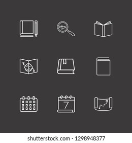 Outline 9 page icon set. old map, book and pencil, book with brain and book vector illustration