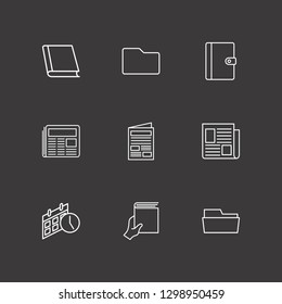 Outline 9 page icon set. folder, calendar time, newspaper and notebook vector illustration