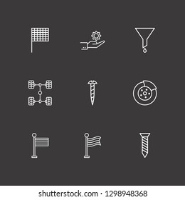 Outline 9 part icon set. disk brake, screw, flag and car chassis vector illustration