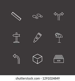 Outline 9 path icon set. left signpost, umbrella beach, footprint and cube vector illustration