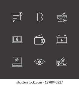 Outline 9 payment icon set. wallet, bitcoin, cheque and notification vector illustration