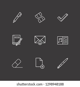 Outline 9 pencil icon set. pencil sharpener, eraser, pen and document add vector illustration