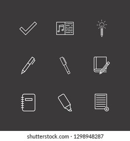 Outline 9 pencil icon set. add document, notebook, marker and book and pencil vector illustration