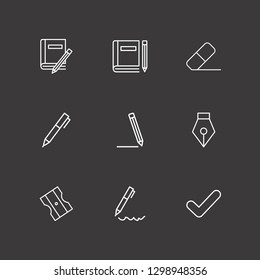 Outline 9 pencil icon set. eraser, book and pencil, pen tool and pen vector illustration