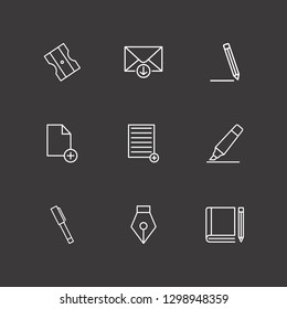 Outline 9 pencil icon set. book and pencil, down message, pencil sharpener and add document vector illustration
