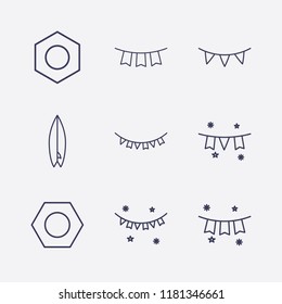 Outline 9 pine icon set. surfing board, nut, garland and garlands vector illustration