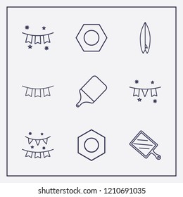 Outline 9 pine icon set. nut, garlands, garland and surfing board vector illustration