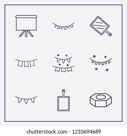 Outline 9 pine icon set. garlands, garland, kitchen board and nut vector illustration