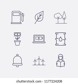 Outline 9 plant icon set. barrel oil, windmill, money tree plant, station pump, read the book, leaf, bell, tree and laptop energy vector illustration