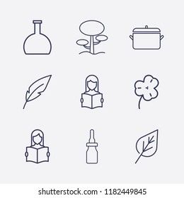 Outline 9 plant icon set. flask, read the book, pipette bottle, clover, leaf, tree and pot vector illustration