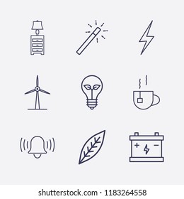 Outline 9 plant icon set. tea, bell, lampshade, windmill, eco lamp, accumulator, leaf, magic stick and energy vector illustration