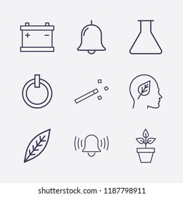 Outline 9 plant icon set. power, flask, flower pot, magic stick, head with leaf, accumulator, leaf and bell vector illustration