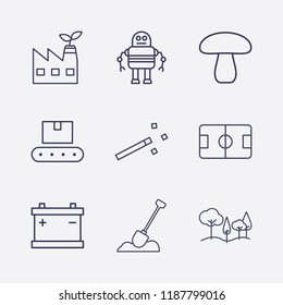 Outline 9 plant icon set. tree, robot, mushroom, magic stick, shovel in the ground, eco factory, football pitch, accumulator and conveyor vector illustration