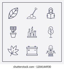 Outline 9 plant icon set. tree, leaf, read the book and gas production vector illustration