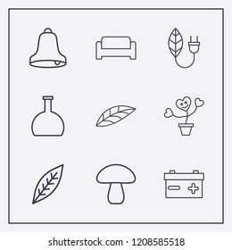 Outline 9 plant icon set. bell, flask, leaf and pot flower vector illustration