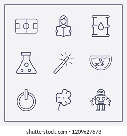 Outline 9 plant icon set. flask, aquarium, clover and football pitch vector illustration