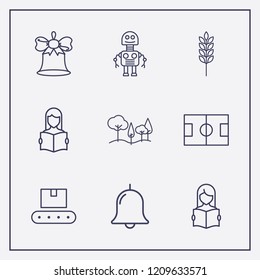 Outline 9 plant icon set. conveyor, robot, tree and bell vector illustration