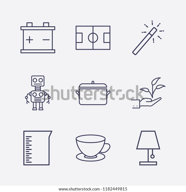 Outline 9 plant icon set. football field,\
hand with plant, beaker, tea cup, robot, magic stick, lampshade,\
accumulator and pot vector\
illustration