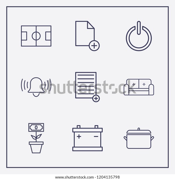 Outline 9 plant icon set.\
accumulator, money tree plant, add document and sofa vector\
illustration