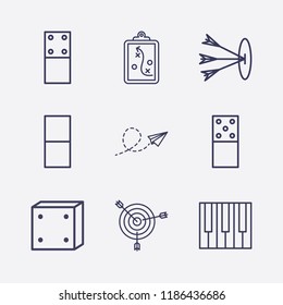 Outline 9 play icon set. piano keyboard, dice, domino, target, paper airplane and clipboard with tactic vector illustration