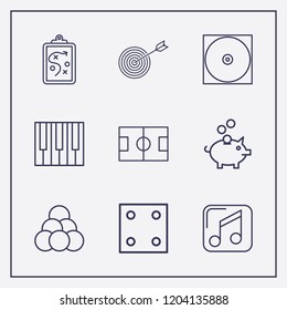 Outline 9 play icon set. target, clipboard with tactic, football field and pig bank vector illustration