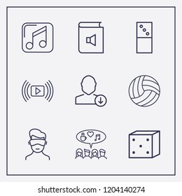 Outline 9 play icon set. music player, book sound, dice and download user vector illustration
