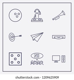 Outline 9 play icon set. pc, social campaign, paper airplane and bowling ball vector illustration