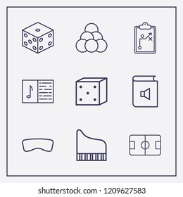 Outline 9 play icon set. dice, bowling ball, virtual reality and melody notebook vector illustration