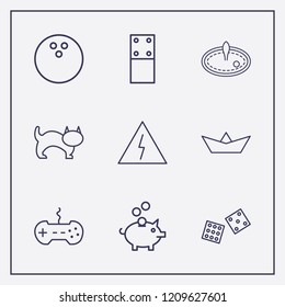 Outline 9 play icon set. bowling ball, dice, paper boat and danger vector illustration
