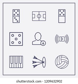 Outline 9 play icon set. volleyball ball, target, dice and domino vector illustration