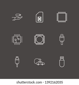 Outline 9 plug icon set. electric car, hand in usb, sim card and usb plug vector illustration