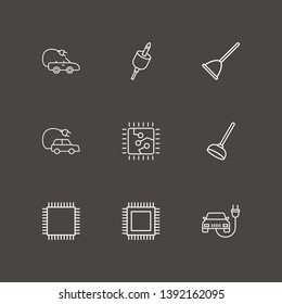 Outline 9 plug icon set. cpu, toilet pump, electro car and electric car vector illustration