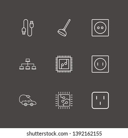 Outline 9 plug icon set. cpu, usb, lan network and toilet pump vector illustration
