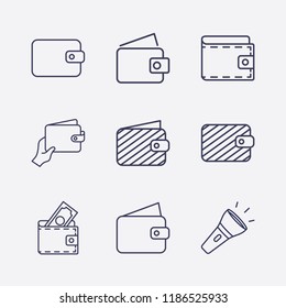 Outline 9 pocket icon set. flashlight, wallet with hand and wallet vector illustration