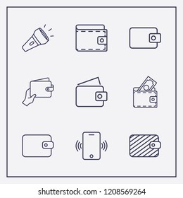 Outline 9 pocket icon set. wallet with hand, wallet, phone vibrate and flashlight vector illustration