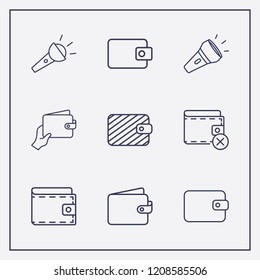Outline 9 pocket icon set. wallet with hand, close wallet, wallet and flashlight vector illustration