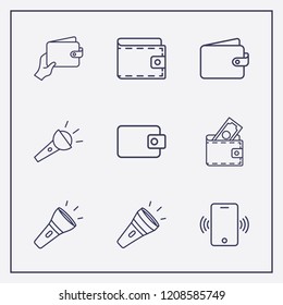 Outline 9 pocket icon set. flashlight, phone vibrate, wallet and wallet with hand vector illustration