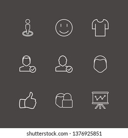 Outline 9 positive icon set. human face, thumb up, board in analytics and face lock vector illustration