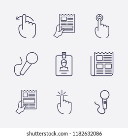 Outline 9 press icon set. newspaper, click, id card, finger click, finger swipe, microphone and newspapers with hand vector illustration