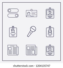 Outline 9 press icon set. switch button, microphone, id card and newspaper vector illustration