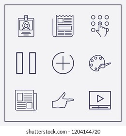 Outline 9 press icon set. media player, pause, id card and finger right vector illustration