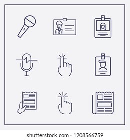 Outline 9 press icon set. microphone, newspapers with hand, id card and newspaper vector illustration