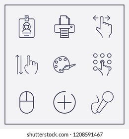 Outline 9 press icon set. microphone, finger swipe, printer and add button vector illustration