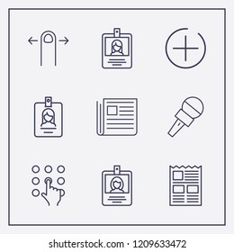 Outline 9 press icon set. newspaper, finger swipe, add button and pressing number vector illustration