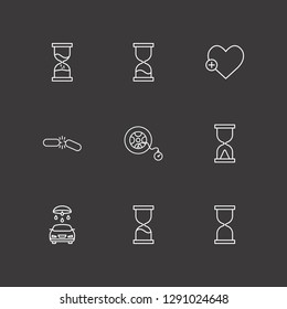 Outline 9 pressure icon set. car wash, broken chain, tire filling and sand glass vector illustration