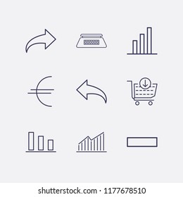 Outline 9 price icon set. chart, share arrow, add to cart, euro, minus and electron scales vector illustration