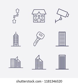 Outline 9 property icon set. building, security camera, exchange home, key and house vector illustration